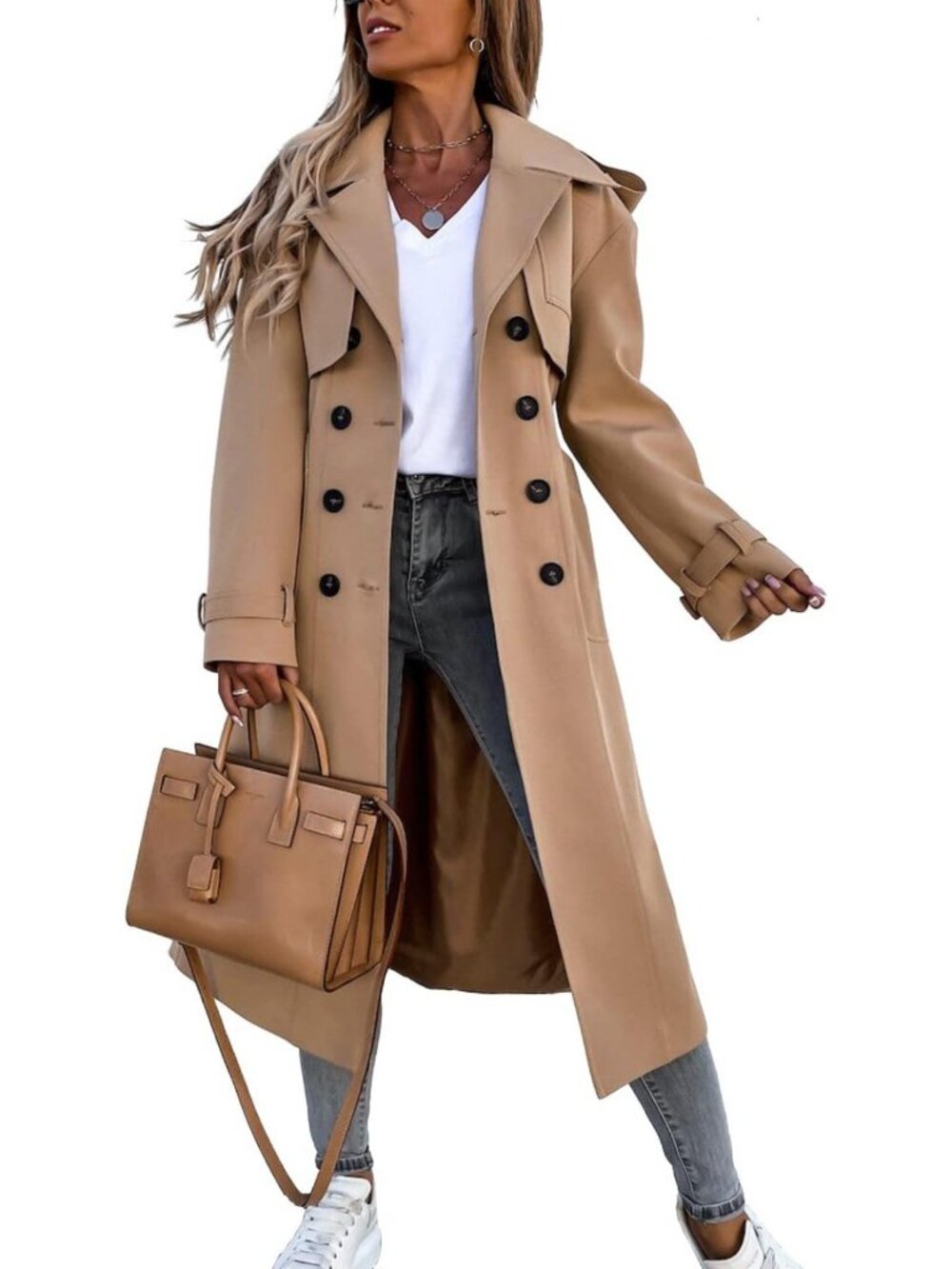 Chic Women's Long Double Breasted Trench Coat - Windproof Classic Overcoat